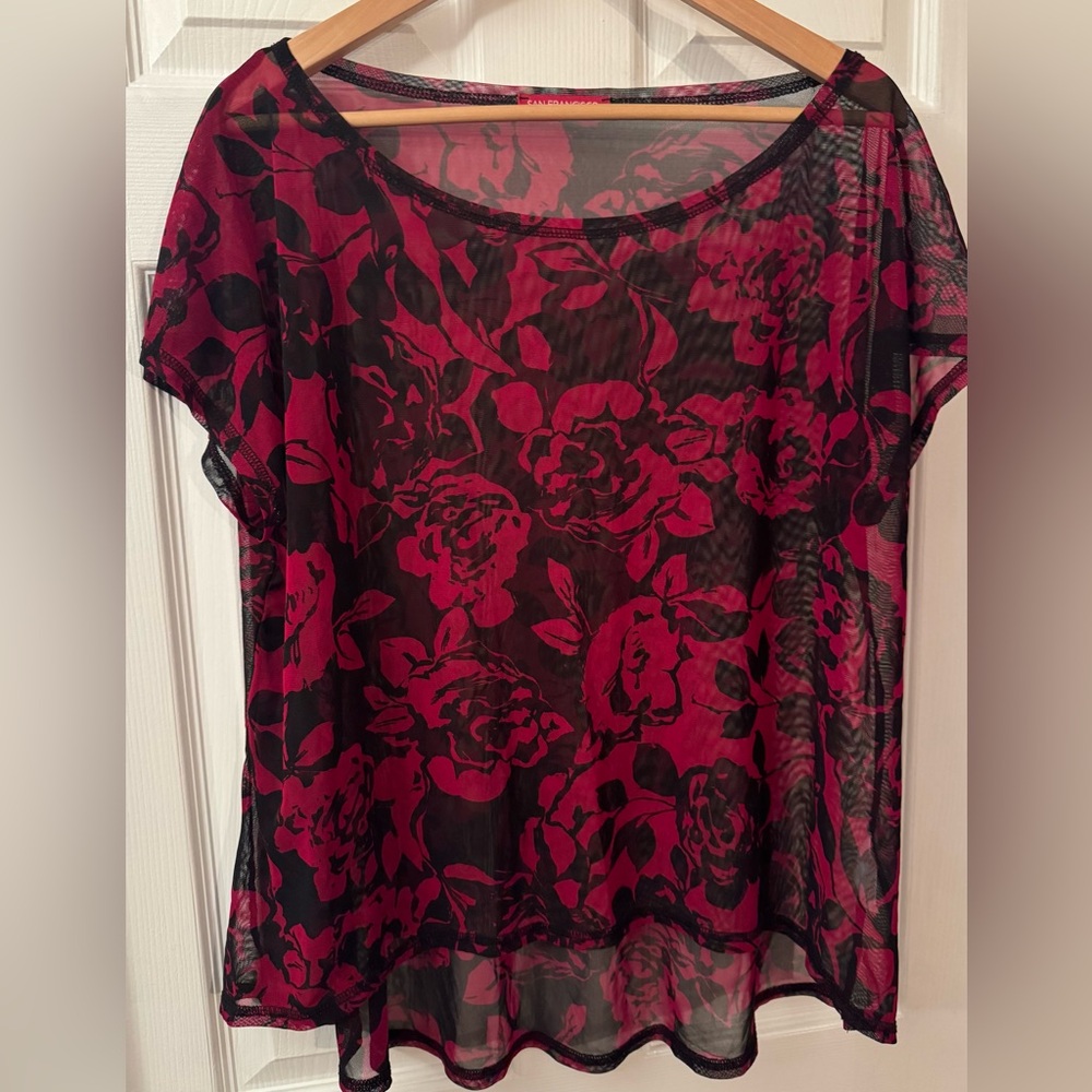 Sheer Floral Overlay Blouse - Red & Black